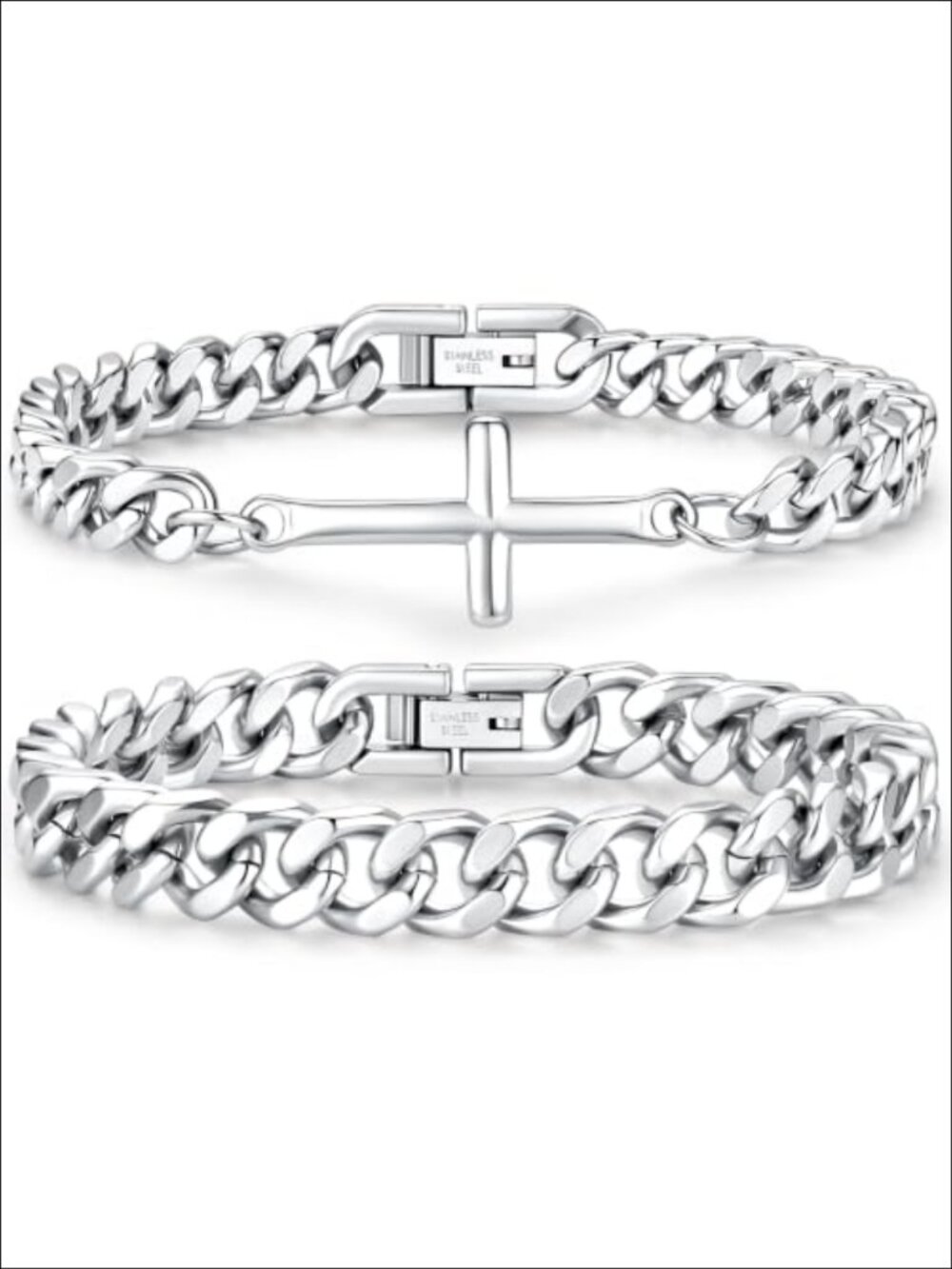 Stainless Steel Cross Link Bracelet Set 2 Pc Stackable Cuban Chain